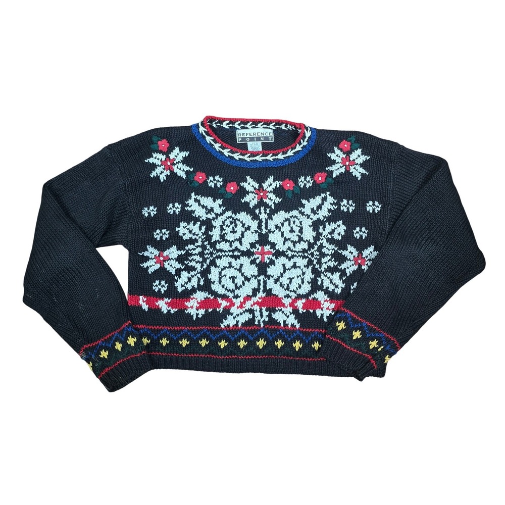 Vintage‎ Reference Point Cropped Knit Sweater Size M Nordic Floral Black Chunky